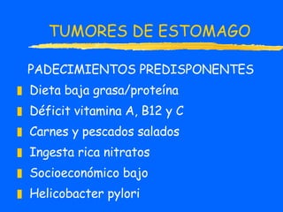 TUMORES DE ESTOMAGO PADECIMIENTOS PREDISPONENTES Dieta baja grasa/proteína Déficit vitamina A, B12 y C Carnes y pescados salados Ingesta rica nitratos Socioeconómico bajo Helicobacter pylori 