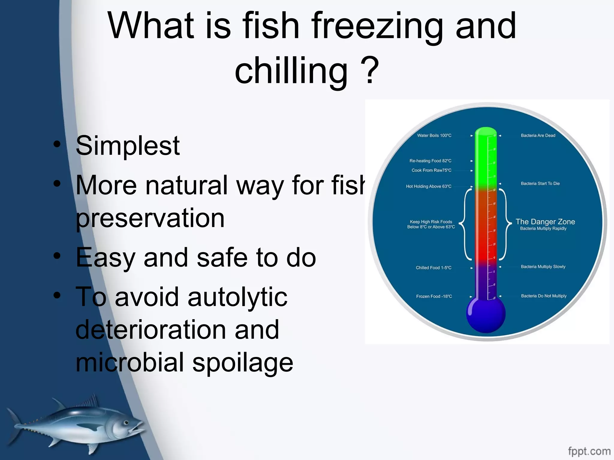 What is fish freezing and
chilling ?
• Simplest
• More natural way for fish
preservation
• Easy and safe to do
• To avoid autolytic
deterioration and
microbial spoilage
 