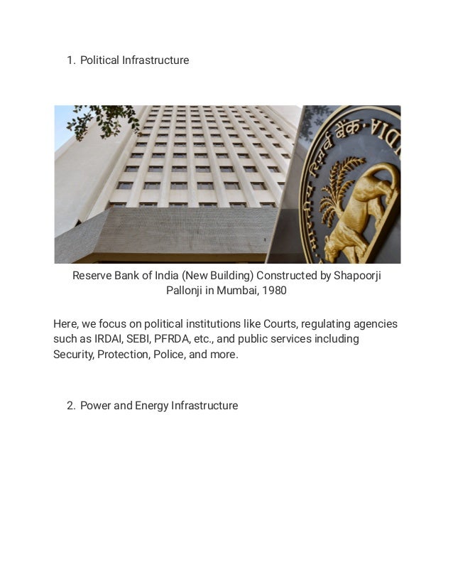 1. Political Infrastructure
Reserve Bank of India (New Building) Constructed by Shapoorji
Pallonji in Mumbai, 1980
Here, we focus on political institutions like Courts, regulating agencies
such as IRDAI, SEBI, PFRDA, etc., and public services including
Security, Protection, Police, and more.
2. Power and Energy Infrastructure
 
