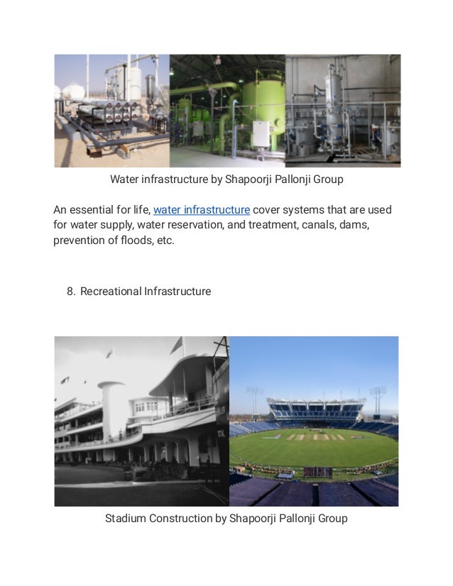 Water infrastructure by Shapoorji Pallonji Group
An essential for life, water infrastructure cover systems that are used
for water supply, water reservation, and treatment, canals, dams,
prevention of floods, etc.
8. Recreational Infrastructure
Stadium Construction by Shapoorji Pallonji Group
 