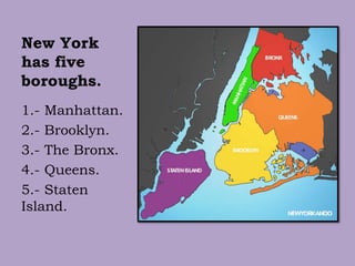 New York
has five
boroughs.
1.- Manhattan.
2.- Brooklyn.
3.- The Bronx.
4.- Queens.
5.- Staten
Island.
 