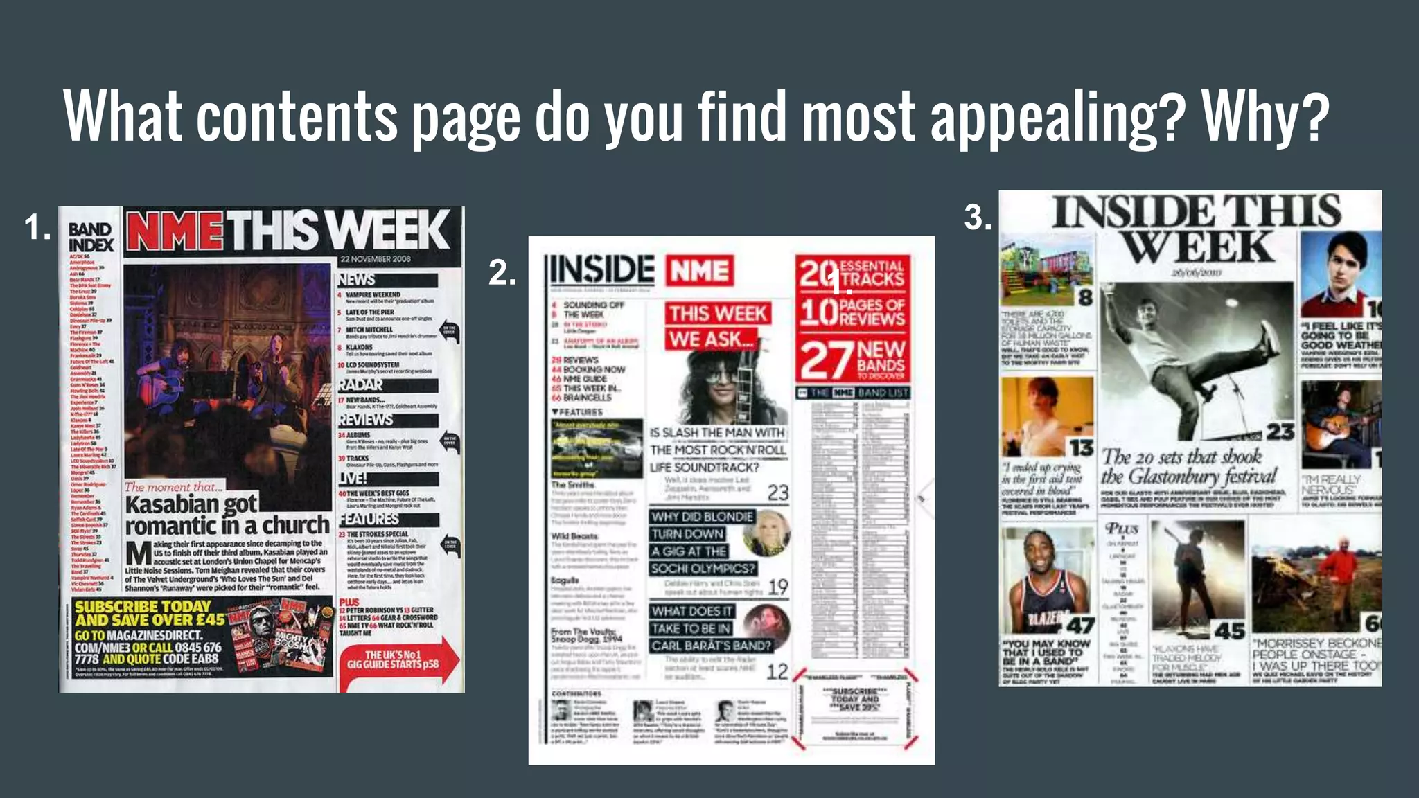 What contents page do you find most appealing? Why?
1.
2. 1.
3.
 