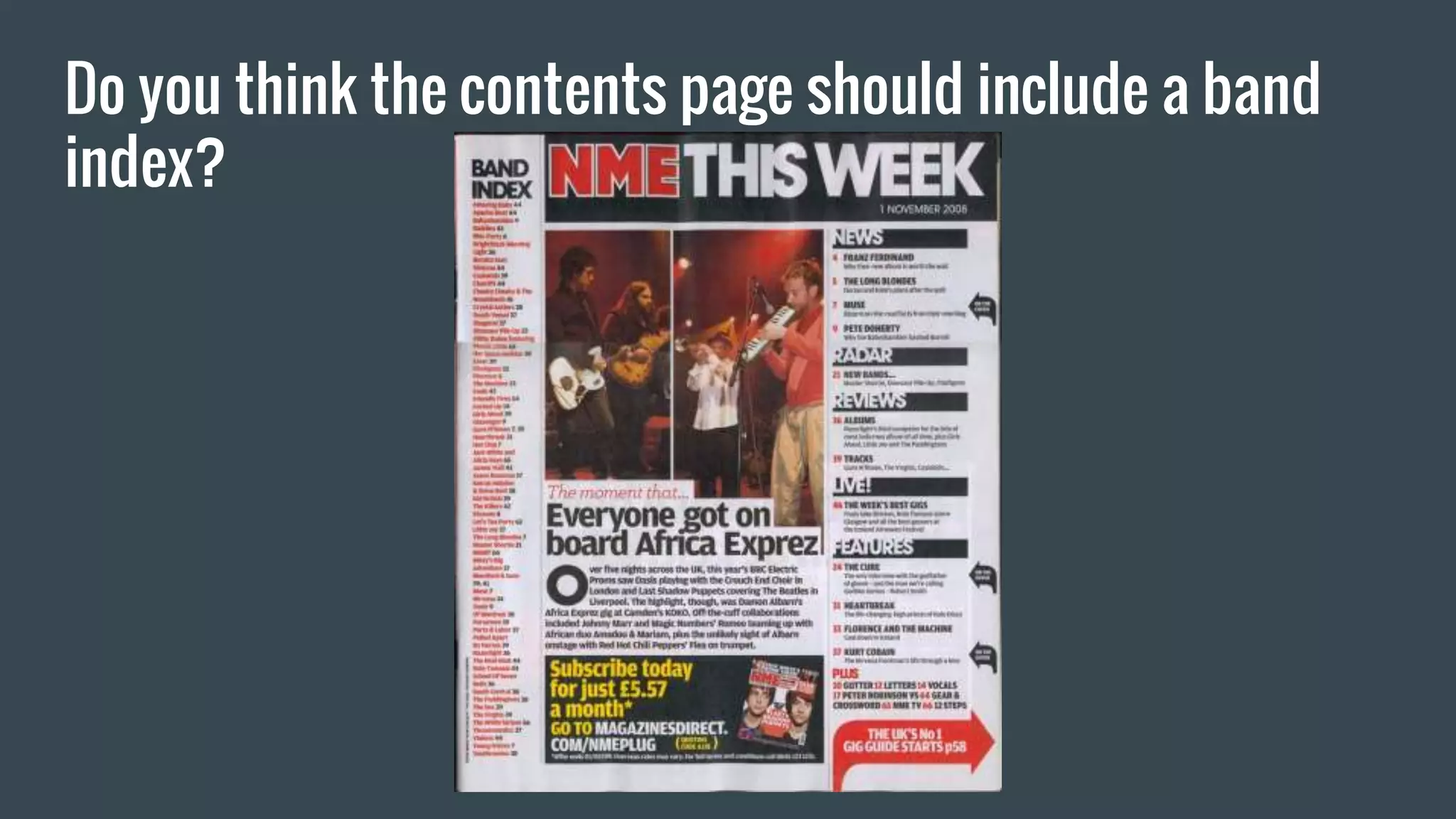 Do you think the contents page should include a band
index?
 