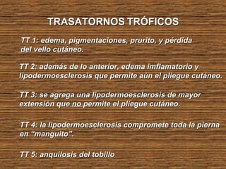 TRASATORNOSTRASATORNOS TRÓFICOSTRÓFICOS
TT 4: la lipodermoesclerosis compromete toda la piernaTT 4: la lipodermoesclerosis compromete toda la pierna
en “manguito”.en “manguito”.
TT 5: anquilosis del tobilloTT 5: anquilosis del tobillo
TT 1: edema, pigmentaciones, prurito, y pérdidaTT 1: edema, pigmentaciones, prurito, y pérdida
del vello cutáneo.del vello cutáneo.
TT 2: además de lo anterior, edema imflamatorio yTT 2: además de lo anterior, edema imflamatorio y
lipodermoesclerosis que permite aún el pliegue cutáneo.lipodermoesclerosis que permite aún el pliegue cutáneo.
TT 3: se agrega una lipodermoesclerosis de mayorTT 3: se agrega una lipodermoesclerosis de mayor
extensión queextensión que nono permite el pliegue cutáneo.permite el pliegue cutáneo.
 