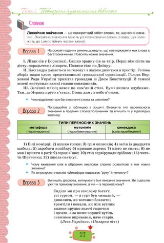 24
Тема 1 . Повторення й узагальнення вивченого
Словник
На основі поданих речень доведіть, що повторювані в них слова є
багатозначними. Поясніть кожне значення.
I. Літак сів у Борисполі. Сашко зранку сів за твір. Перш ніж сісти на
дієту, порадьтеся з лікарем. Поляни сіли по Дніпру.
II. Кассандра хапається за голову і з жахом дивиться в простір. Голова
зборів надав слово представникові громадської організації. Голова Вер-
ховної Ради України привітав громадян із Днем Конституції. З темної
зелені виступили важкі голови соняшників.
III. Зелений плющ вився по кам’яній стіні. Вужі вилися клубками.
Там, де Ятрань круто в’ється. Стовп диму в небо в’ється.
 Чим відрізняються багатозначні слова та омоніми?
Попрацюйте з таблицею в зошиті. Визначте тип переносного
значення в поданих словосполученнях та впишіть їх у відповідну
колонку.
ТИПИ ПЕРЕНОСНИХ ЗНАЧЕНЬ
метафора
(перенесення)
метонімія
(перейменування)
синекдоха
(співпереймання)
1) Білі комірці; 2) вушко голки; 3) грім оплесків; 4) загін із двадцяти
шабель; 5) заробити копійку; 6) криваве зарево; 7) місто не спить; 8) не
мав і крихти в роті; 9) серце в’яне; 10) стіл сервірували сріблом; 11) чита-
ти Шевченка; 12) школа святкує.
 Чому вживання слів в образних висловах сприяє розвиткові в них нових
значень?
 Як ви розумієте вислів «Метафора подовжує ”руку” інтелекту»?
Випишіть дієслова, витлумачте їхні лексичні значення. Які з дієслів
ужиті в прямому значенні, а які — у переносному?
Сиділи ми при згаслому багатті
усі гуртом, — а гурт був чималий, —
дивилися, як вогники блакитні
тремтіли і конали, як між вуглям
вилися прудко золоті гадючки
і щезли, а за ними чорний вугіль
сивизною вкривався, наче старів.
(Леся Українка, «Полярна ніч»)
 