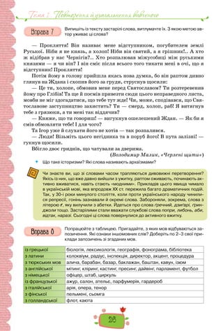 26
Тема 1 . Повторення й узагальнення вивченого
Випишіть із тексту застарілі слова, витлумачте їх. З якою метою ав-
тор уживає ці слова?
— Прокляття! Він називає мене відступником, погубителем землі
Руської. Ніби я не князь, а холоп! Ніби він святий, а я грішник!.. А хто
ж відібрав у нас Чернігів?.. Хто розпалював міжусобиці між руськими
князями — я чи він? І він сміє після всього того тикати мені в очі, що я
відступник! Прокляття!
Потім йому в голову прийшла якась нова думка, бо він раптом дивно
глянув на Ждана і схопив його за груди, струснув щосили:
— Це ти, холопе, обмовив мене перед Святославом? Ти розтеревенив
йому про Глібів! Та ще й посмів привезти сюди цього неправедного листа,
мовби не міг здогадатися, що тебе тут жде! Чи, може, сподівався, що Свя-
тославове заступництво захистить? Ти — смерд, холоп, раб! Я витягнув
тебе з грязюки, а ти мені так віддячив?
— Княже, що ти говориш! — вигукнув ошелешений Ждан. — Як би я
смів обмовляти тебе! І для чого?
Та Ігор уже й слухати його не хотів — так розпалився.
— Люди! Візьміть цього негідника та в поруб його! В пута залізні! —
гукнув щосили.
Вбігло двоє гриднів, що чатували за дверима.
(Володимир Малик, «Черлені щити»)
 Що таке історизми? Які слова називають архаїзмами?
Чи знаєте ви, що зі словами часом трапляються дивовижні перетворення?
Якісь із них, що вже давно вийшли з ужитку, раптом оживають, починають ак-
тивно вживатися, навіть стають «модними». Прикладів цього явища чимало
в українській мові, яка впродовж XX ст. пережила багато драматичних подій.
Так, у 30-і роки минулого століття, коли проти українського народу чинили-
ся репресії, гонінь зазнавали й окремі слова. Забороняли, зокрема, слова з
літерою ґ, яку вилучили з абетки. Йдеться про слова ґречний, дзиґарі, ґрин-
джоли тощо. Застарілими стали вважати службові слова попри, либонь, аби,
відтак, наразі. Сьогодні ці слова повернулися до активного вжитку.
Попрацюйте з таблицею. Пригадайте, з яких мов відбуваються за-
позичення. Які ознаки іншомовних слів? Доберіть по 2–3 свої при-
клади запозичень зі згаданих мов.
із грецької біологія, лексикологія, географія, фонограма, бібліотека
з латини колоквіум, радіус, інспекція, директор, акцент, процедура
з тюркських мов алича, барабан, базар, баклажан, баштан, кавун, ізюм
з англійської мітинг, кліринг, кастинг, пресинг, дайвінг, парламент, футбол
з німецької офіцер, штаб, циркуль
із французької ажур, салон, ательє, парфумерія, гардероб
з італійської арія, опера, тенор
з фінської пельмені, сьомга
з голландської флот, каюта
 