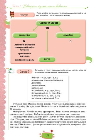 34
Тема 1 . Повторення й узагальнення вивченого
Перечитайте питання на початку параграфа й дайте на
них відповідь, скориставшися схемою.
ЧАСТИНИ МОВИ
самостійні
вигук
лексичне значення
(конкретний зміст;
питання)
граматичне
значення
синтаксична роль
службові
10
6 3
Випишіть із тексту приклади слів різних частин мови за
вказаними граматичними значеннями.
Іменник — ч. р., одн., З. в.;
прикметник у значенні іменника;
дієслово;
дієприслівник;
займенник:
а) особовий, ж. р., одн., Р. в.;
б) присвійний, ж. р., одн., Р. в.;
в) вказівний, ч. р., одн., З. в.;
числівник — кількісний, З. в.
Гетьман Іван Мазепа любив книги. Тому він підтримував книгови-
дання й освіту. За правління Мазепи тільки в Чернігові вийшло друком
50 видань.
Опікуючись Чернігівською друкарнею, Іван Мазепа посприяв ство-
ренню для неї папірні. Фабрика виробляла папір коштом гетьмана.
За ініціативи Івана Мазепи року 1700-го постав Чернігівський коле-
гіум. Підтримував гетьман і Київську академію. Як зазначають дослідни-
ки, Мазепа утримував її бібліотеку, щороку жертвував на цей навчальний
заклад 1000 золотих, фінансував написання підручників риторики, діа-
лектики, поетики.
 