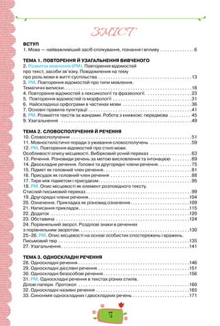 4
ЗМIСТ
ВСТУП
1. Мова — найважливіший засіб спілкування, пізнання і впливу . . . . . . . . . . . . . .6
ТЕМА 1. ПОВТОРЕННЯ Й УЗАГАЛЬНЕННЯ ВИВЧЕНОГО
2. Розвиток мовлення (РМ). Повторення відомостей
про текст, засоби зв’язку. Повідомлення на тему
про роль мови в житті суспільства . . . . . . . . . . . . . . . . . . . . . . . . . . . . . . . . . . . . . .13
3. РМ. Повторення відомостей про типи мовлення.
Тематичні виписки. . . . . . . . . . . . . . . . . . . . . . . . . . . . . . . . . . . . . . . . . . . . . . . . . . . .18
4. Повторення відомостей з лексикології та фразеології. . . . . . . . . . . . . . . . . . .23
5. Повторення відомостей із морфології . . . . . . . . . . . . . . . . . . . . . . . . . . . . . . . .31
6. Найскладніші орфограми в частинах мови . . . . . . . . . . . . . . . . . . . . . . . . . . . .36
7. Основні правила пунктуації . . . . . . . . . . . . . . . . . . . . . . . . . . . . . . . . . . . . . . . . . .41
8. РМ. Розмаїття текстів за жанрами. Робота з книжкою: передмова . . . . . . . . . 45
9. Узагальнення . . . . . . . . . . . . . . . . . . . . . . . . . . . . . . . . . . . . . . . . . . . . . . . . . . . . .49
ТЕМА 2. СЛОВОСПОЛУЧЕННЯ Й РЕЧЕННЯ
10. Словосполучення . . . . . . . . . . . . . . . . . . . . . . . . . . . . . . . . . . . . . . . . . . . . . . . . .51
11. Мовностилістичні поради з уживання словосполучень . . . . . . . . . . . . . . . . .59
12. РМ. Повторення відомостей про стилі мови.
Особливості опису місцевості. Вибірковий усний переказ . . . . . . . . . . . . . . . . .63
13. Речення. Різновиди речень за метою висловлення та інтонацією . . . . . . . .69
14. Двоскладне речення. Головні та другорядні члени речення. . . . . . . . . . . . . .75
15. Підмет як головний член речення. . . . . . . . . . . . . . . . . . . . . . . . . . . . . . . . . . . .81
16. Присудок як головний член речення . . . . . . . . . . . . . . . . . . . . . . . . . . . . . . . . .88
17. Тире між підметом і присудком. . . . . . . . . . . . . . . . . . . . . . . . . . . . . . . . . . . . . .95
18. РМ. Опис місцевості як елемент розповідного тексту.
Стислий письмовий переказ. . . . . . . . . . . . . . . . . . . . . . . . . . . . . . . . . . . . . . . . . . .99
19. Другорядні члени речення. . . . . . . . . . . . . . . . . . . . . . . . . . . . . . . . . . . . . . . . .104
20. Означення. Прикладка як різновид означення. . . . . . . . . . . . . . . . . . . . . . . .109
21. Написання прикладок. . . . . . . . . . . . . . . . . . . . . . . . . . . . . . . . . . . . . . . . . . . . .115
22. Додаток . . . . . . . . . . . . . . . . . . . . . . . . . . . . . . . . . . . . . . . . . . . . . . . . . . . . . . . .120
23. Обставина . . . . . . . . . . . . . . . . . . . . . . . . . . . . . . . . . . . . . . . . . . . . . . . . . . . . . .124
24. Порівняльний зворот. Розділові знаки в реченнях
з порівняльним зворотом. . . . . . . . . . . . . . . . . . . . . . . . . . . . . . . . . . . . . . . . . . . . .130
25–26. РМ. Опис місцевості на основі особистих спостережень і вражень.
Письмовий твір . . . . . . . . . . . . . . . . . . . . . . . . . . . . . . . . . . . . . . . . . . . . . . . . . . . . .135
27. Узагальнення. . . . . . . . . . . . . . . . . . . . . . . . . . . . . . . . . . . . . . . . . . . . . . . . . . . .141
ТЕМА 3. ОДНОСКЛАДНІ РЕЧЕННЯ
28. Односкладні речення . . . . . . . . . . . . . . . . . . . . . . . . . . . . . . . . . . . . . . . . . . . . .146
29. Односкладні дієслівні речення . . . . . . . . . . . . . . . . . . . . . . . . . . . . . . . . . . . . .151
30. Односкладні безособові речення. . . . . . . . . . . . . . . . . . . . . . . . . . . . . . . . . . .156
31. РМ. Односкладні речення в текстах різних стилів.
Ділові папери. Протокол . . . . . . . . . . . . . . . . . . . . . . . . . . . . . . . . . . . . . . . . . . . . .160
32. Односкладні називні речення . . . . . . . . . . . . . . . . . . . . . . . . . . . . . . . . . . . . . .165
33. Синонімія односкладних і двоскладних речень . . . . . . . . . . . . . . . . . . . . . . .171
 
