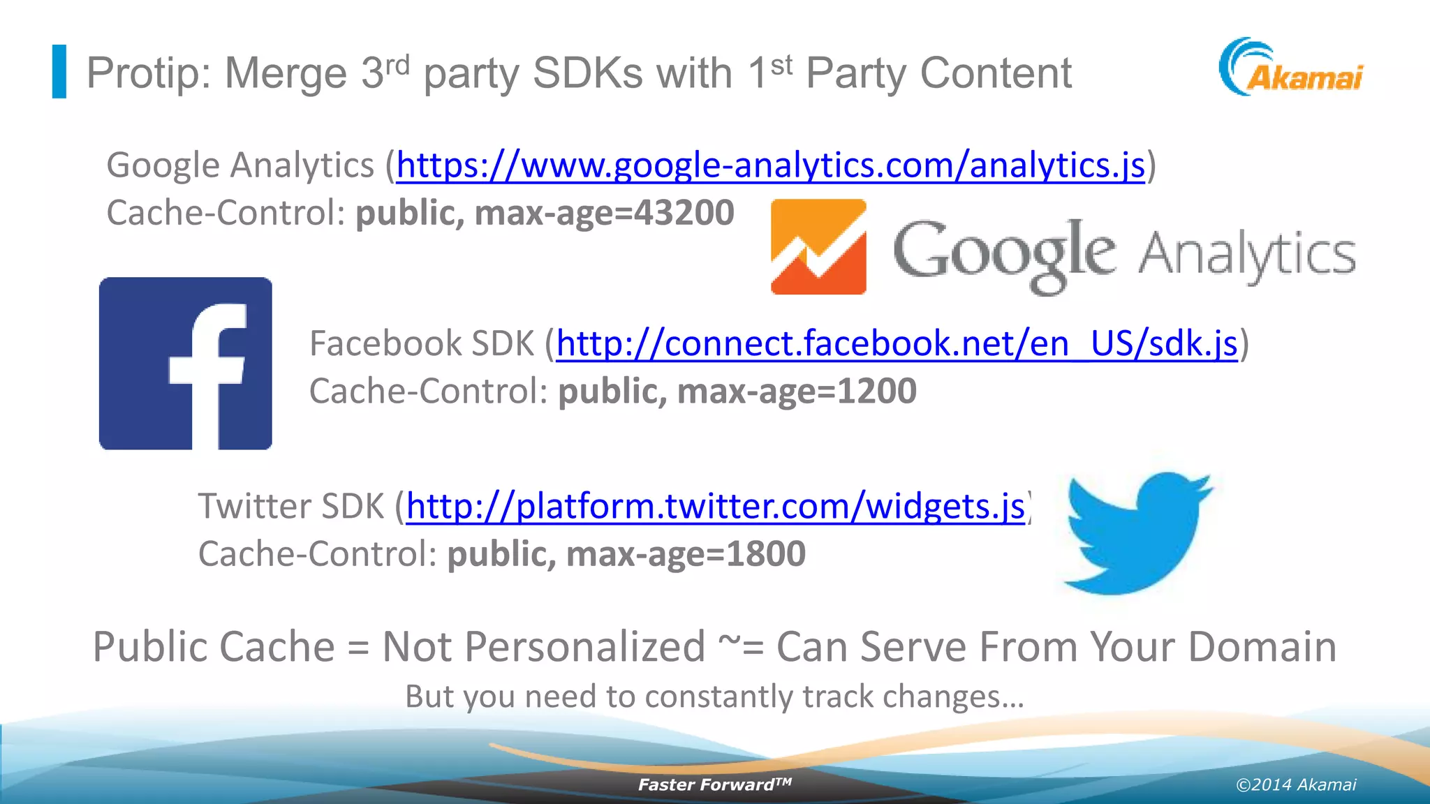 ©2014 AkamaiFaster ForwardTM
Protip: Merge 3rd party SDKs with 1st Party Content
Facebook SDK (http://connect.facebook.net/en_US/sdk.js)
Cache-Control: public, max-age=1200
Google Analytics (https://www.google-analytics.com/analytics.js)
Cache-Control: public, max-age=43200
Twitter SDK (http://platform.twitter.com/widgets.js)
Cache-Control: public, max-age=1800
Public Cache = Not Personalized ~= Can Serve From Your Domain
But you need to constantly track changes…
 