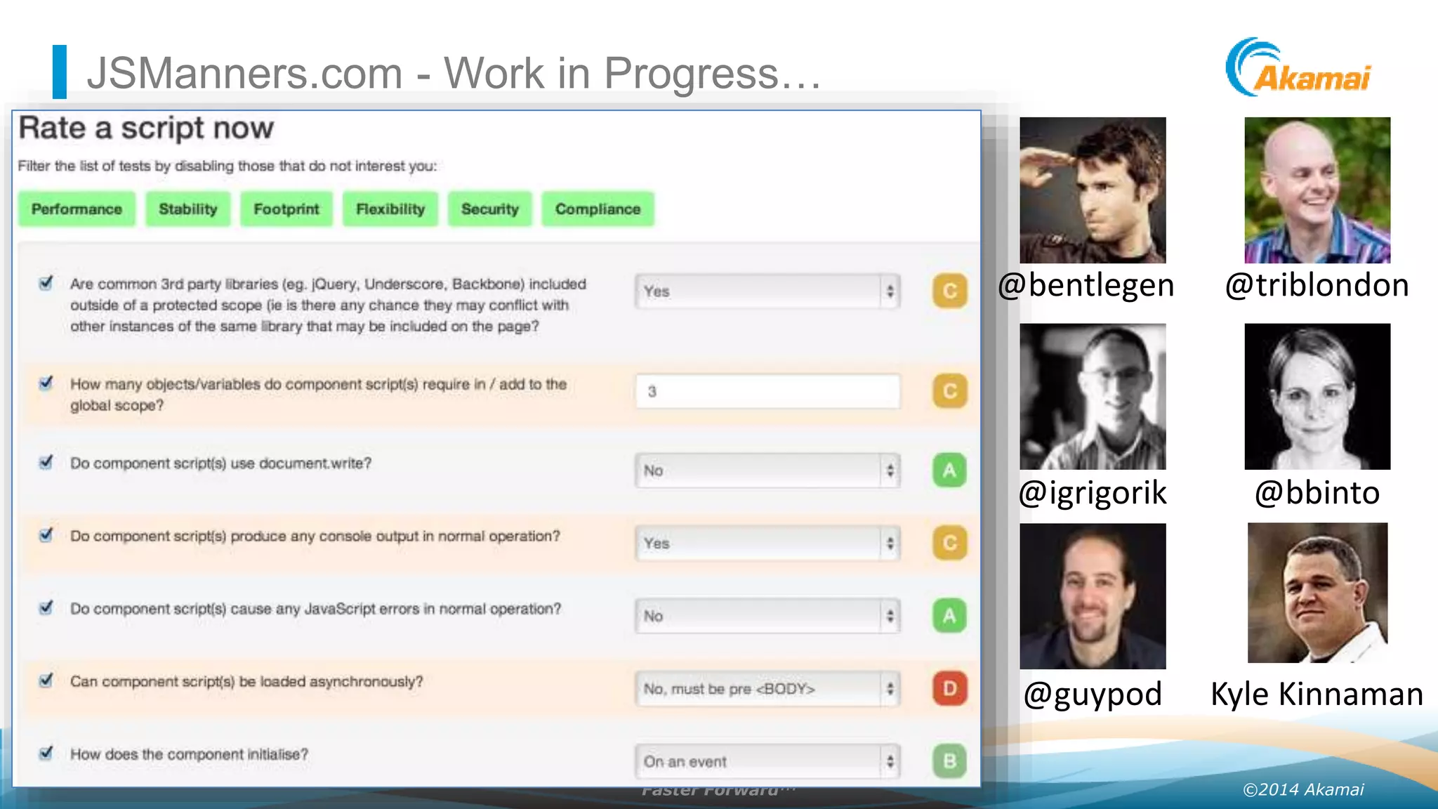 ©2014 AkamaiFaster ForwardTM
JSManners.com - Work in Progress…
@triblondon
@bbinto
Kyle Kinnaman
@bentlegen
@igrigorik
@guypod
 