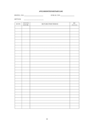48
8V92 BOOSTER REPAIR LOG
MODEL NO: ______________________ SERIAL NO: ________________
OWNER: ______________________
DATE
ACCUM
HOURS
REPAIRS PERFORMED
BY
(INITIALS)
 