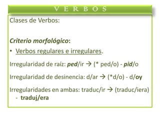 Clases de Verbos:
Criterio morfológico:
• Verbos regulares e irregulares.
Irregularidad de raíz: ped/ir  (* ped/o) - pid/o
Irregularidad de desinencia: d/ar  (*d/o) - d/oy
Irregularidades en ambas: traduc/ir  (traduc/iera)
- traduj/era
V E R B O S
 