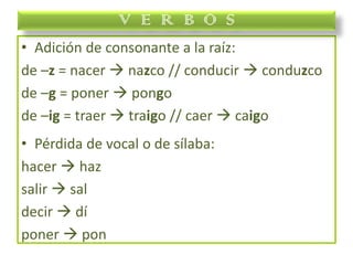 • Adición de consonante a la raíz:
de –z = nacer  nazco // conducir  conduzco
de –g = poner  pongo
de –ig = traer  traigo // caer  caigo
• Pérdida de vocal o de sílaba:
hacer  haz
salir  sal
decir  dí
poner  pon
V E R B O S
 