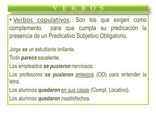 • Verbos copulativos: Son los que exigen como
complemento para que cumpla su predicación la
presencia de un Predicativo Subjetivo Obligatorio.
Jorge es un estudiante brillante.
Todo parece excelente.
Los empleados se pusieron nerviosos.
Los profesores se pusieron anteojos (OD) para entender la
letra.
Los alumnos quedaron en sus casas (Compl. Locativo).
Los alumnos quedaron insatisfechos.
V E R B O S
 