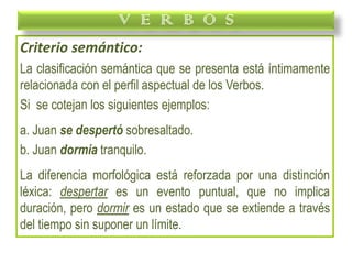 Criterio semántico:
La clasificación semántica que se presenta está íntimamente
relacionada con el perfil aspectual de los Verbos.
Si se cotejan los siguientes ejemplos:
a. Juan se despertó sobresaltado.
b. Juan dormía tranquilo.
La diferencia morfológica está reforzada por una distinción
léxica: despertar es un evento puntual, que no implica
duración, pero dormir es un estado que se extiende a través
del tiempo sin suponer un límite.
V E R B O S
 