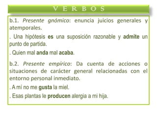 b.1. Presente gnómico: enuncia juicios generales y
atemporales.
. Una hipótesis es una suposición razonable y admite un
punto de partida.
. Quien mal anda mal acaba.
b.2. Presente empírico: Da cuenta de acciones o
situaciones de carácter general relacionadas con el
entorno personal inmediato.
. A mí no me gusta la miel.
. Esas plantas le producen alergia a mi hija.
V E R B O S
 