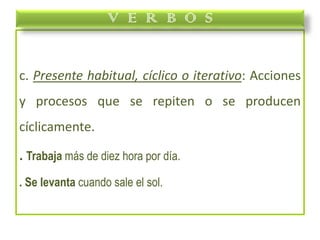 c. Presente habitual, cíclico o iterativo: Acciones
y procesos que se repiten o se producen
cíclicamente.
. Trabaja más de diez hora por día.
. Se levanta cuando sale el sol.
V E R B O S
 