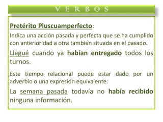 Pretérito Pluscuamperfecto:
Indica una acción pasada y perfecta que se ha cumplido
con anterioridad a otra también situada en el pasado.
Llegué cuando ya habían entregado todos los
turnos.
Este tiempo relacional puede estar dado por un
adverbio o una expresión equivalente:
La semana pasada todavía no había recibido
ninguna información.
V E R B O S
 