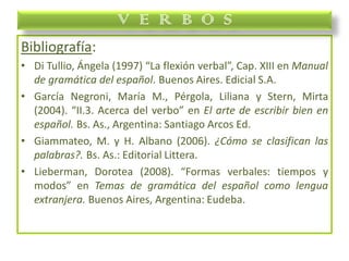 Bibliografía:
• Di Tullio, Ángela (1997) “La flexión verbal”, Cap. XIII en Manual
de gramática del español. Buenos Aires. Edicial S.A.
• García Negroni, María M., Pérgola, Liliana y Stern, Mirta
(2004). “II.3. Acerca del verbo” en El arte de escribir bien en
español. Bs. As., Argentina: Santiago Arcos Ed.
• Giammateo, M. y H. Albano (2006). ¿Cómo se clasifican las
palabras?. Bs. As.: Editorial Littera.
• Lieberman, Dorotea (2008). “Formas verbales: tiempos y
modos” en Temas de gramática del español como lengua
extranjera. Buenos Aires, Argentina: Eudeba.
V E R B O S
 
