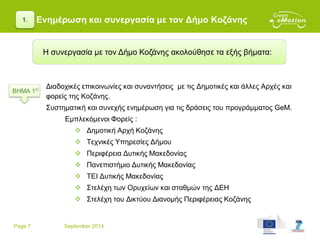 Page 7 September 2014
Ενημέρωση και συνεργασία με τον Δήμο Κοζάνης
Διαδοχικές επικοινωνίες και συναντήσεις με τις Δημοτικές και άλλες Αρχές και
φορείς της Κοζάνης.
Συστηματική και συνεχής ενημέρωση για τις δράσεις του προγράμματος GeM.
Εμπλεκόμενοι Φορείς :
 Δημοτική Αρχή Κοζάνης
 Τεχνικές Υπηρεσίες Δήμου
 Περιφέρεια Δυτικής Μακεδονίας
 Πανεπιστήμιο Δυτικής Μακεδονίας
 ΤΕΙ Δυτικής Μακεδονίας
 Στελέχη των Ορυχείων και σταθμών της ΔΕΗ
 Στελέχη του Δικτύου Διανομής Περιφέρειας Κοζάνης
1.
Η συνεργασία με τον Δήμο Κοζάνης ακολούθησε τα εξής βήματα:
ΒΗΜΑ 1Ο
 