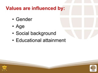 13
• Gender
• Age
• Social background
• Educational attainment
Values are influenced by:
 