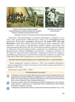103
Союзники, обескураженные успехами Бонапарта, отложили в сто-
рону свои разногласия. Образовалась новая, 7-я антифранцузская
коалиция. Решающее сражение произошло 18 июня 1815 года при
Ватерлоо. Снова шёл дождь. Сначала Наполеон сумел захватить ини-
циативу в свои руки и практически разбил армию союзников под
командованием Веллингтона. Но англичанам вовремя пришла помощь
из Пруссии. В критический момент сражения на требования сдаться
французский генерал Камбронн воскликнул: «Гвардия погибает, но
не сдаётся!» Наполеон был побеждён, союзники вступили на террито-
рию Франции. Бонапарт вторично был вынужден отречься от престола
и 22 июня 1815 года отправиться в ссылку на остров Святой Елены.
ФОРМУЛИРОВАНИЕ ВЫВОДА И СРАВНЕНИЕ ЕГО С АВТОРСКИМ
После неудачного похода в Россию в 1812 году империя Наполеона
начала разваливаться и была окончательно уничтожена союзом европейских
держав в 1815 году.
Ключевые слова: 1812 г., 1815 г.
ПРИМЕНЕНИЕ ЗНАНИЙ
• Обсудите: если бы вы были французским крестьянином (дворянином, вла-
дельцем шелкоткацкой фабрики, гвардейцем), вы с радостью встретили бы в
марте 1815 года известие о высадке Наполеона на юге страны или оказались
бы в стане его врагов? Свою позицию обоснуйте.
• Как вы считаете, была ли у Наполеона реальная возможность стать повели-
телем Европы и мира или его поражение было неизбежным? Своё мнение
обоснуйте, опираясь на факты.
• Завершите заполнение таблицы «Политика Наполеона в Европе» (см. с. 92).
7 августа 1815 года на борту корабля
«Нортумберленд» бывший император покидает
Европу, впереди остров Святой Елены
Гравюры из книги У.-М. Слоана «Жизнь Наполеона Бонапарта»
Наполеон на острове
Святой Елены
 
