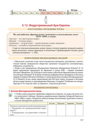 157
§ 12. Индустриальный бум Европы
ПОСТАНОВКА ПРОБЛЕМЫ УРОКА
Из английских, французских, немецких и итальянских газет
1870–1880-х годов:
«Англия – это мастерская мира».
«Париж – столица мира».
«Германия – второй рейх – единственная в мире империя».
«Италия – колыбель европейской культуры».
• Судя по этим высказываниям, какую страну считали лидером западной цивили-
зации англичане, немцы, французы и итальянцы? Сформулируйте вопрос урока
(авторский вариант – с. 303).
ПОВТОРЕНИЕ НЕОБХОДИМЫХ ЗНАНИЙ
• Объясните значение слов: конституционная монархия, республика, полити-
ческая партия, гражданское общество, правовое государство, консерваторы,
либералы, социалисты.
• Когда и как завершилось объединение Германии; объединение Италии? (§ 11)
Какие революции произошли во Франции в конце XVIII – первой половине
XIX века? (Введение, § 8, 9) Когда и после каких событий во Франции была установ-
лена Вторая империя? (§ 9) Какие основные реформы были проведены в Англии в
первойполовинеXIXвека?(§8)КемискакойцельюбылоснованIИнтернационал?
(§ 3) Помните ли вы, какие характерные для XIX века герои, ситуации и бытовые
детали представлены в произведениях Бальзака, Стендаля? (Учебники по литера-
туре для 5–6-х классов «Шаг за горизонт», «Год после детства»)
РЕШЕНИЕ ПРОБЛЕМЫ
1. Англия Викторианской эпохи
• Чтобы найти решение проблемы лидерства в Европе, по ходу изучения тек-
ста заполняйте таблицу «Уровень модернизации лидеров Западной Европы в
1860–1880-х годах». Разделите работу между несколькими группами в классе,
а потом объедините результаты.
Англия Франция Германия Италия
Уровень экономической модернизации:
– Завершён ли промышленный пере-
ворот?
– Утвердились ли рыночные отноше-
ния?
800-е 10-е 20-е 30-е 40-е 50-е 60-е 70-е 80-е 90-е 900-е
XIX век XX век
10-е
 