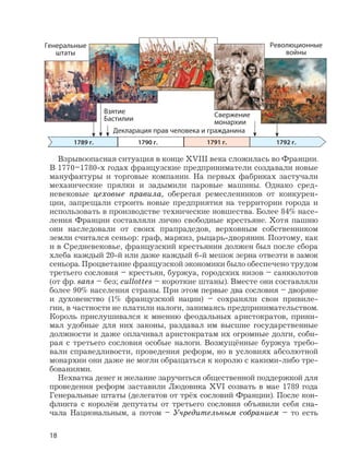 Взрывоопасная ситуация в конце XVIII века сложилась во Франции.
В 1770–1780-х годах французские предприниматели создавали новые
мануфактуры и торговые компании. На первых фабриках застучали
механические прялки и задымили паровые машины. Однако сред-
невековые цеховые правила, оберегая ремесленников от конкурен-
ции, запрещали строить новые предприятия на территории города и
использовать в производстве технические новшества. Более 84% насе-
ления Франции составляли лично свободные крестьяне. Хотя пашню
они наследовали от своих прапрадедов, верховным собственником
земли считался сеньор: граф, маркиз, рыцарь-дворянин. Поэтому, как
и в Средневековье, французский крестьянин должен был после сбора
хлеба каждый 20-й или даже каждый 6-й мешок зерна отвезти в замок
сеньора. Процветание французской экономики было обеспечено трудом
третьего сословия – крестьян, буржуа, городских низов – санкюлотов
(от фр. sans – без; cullottes – короткие штаны). Вместе они составляли
более 90% населения страны. При этом первые два сословия – дворяне
и духовенство (1% французской нации) – сохраняли свои привиле-
гии, в частности не платили налоги, занимаясь предпринимательством.
Король прислушивался к мнению феодальных аристократов, прини-
мал удобные для них законы, раздавал им высшие государственные
должности и даже оплачивал аристократам их огромные долги, соби-
рая с третьего сословия особые налоги. Возмущённые буржуа требо-
вали справедливости, проведения реформ, но в условиях абсолютной
монархии они даже не могли обращаться к королю с какими-либо тре-
бованиями.
Нехватка денег и желание заручиться общественной поддержкой для
проведения реформ заставили Людовика XVI созвать в мае 1789 года
Генеральные штаты (делегатов от трёх сословий Франции). После кон-
фликта с королём депутаты от третьего сословия объявили себя сна-
чала Национальным, а потом – Учредительным собранием – то есть
18
1790 г.1789 г. 1791 г. 1792 г.
Генеральные
штаты
Взятие
Бастилии
Декларация прав человека и гражданина
Свержение
монархии
Революционные
войны
 