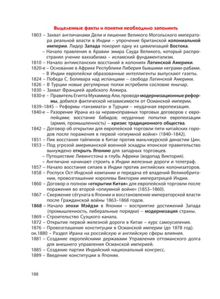 188
Выделенные факты и понятия необходимо запомнить
1803 – Захват англичанами Дели и лишение Великого Могольского императо-
ра реальной власти в Индии – упрочение британской колониальной
империи. Лидер Запада покорил одну из цивилизаций Востока.
– Начало правления в Аравии эмира Сауда Великого, который распро-
странял учение ваххабизма – исламский фундаментализм.
1810 – Начало антииспанских восстаний в колониях Латинской Америки.
1820-е – Основание в Африке Республики Либерия бывшими неграми-рабами.
– В Индии европейски образованные интеллигенты выпускают газеты.
1824 – Победа С. Боливара над испанцами – свобода Латинской Америки.
1826 – В Турции новые регулярные полки истребили сословие янычар.
1830 – Захват Францией арабского Алжира.
1830-е – ПравительЕгиптаМухаммед-Али,проводямодернизационныерефор-
мы, добился фактической независимости от Османской империи.
1839–1845 – Реформы «танзимата» в Турции – неудачная европеизация.
1840-е – Разорение Ирана из-за неравноправных торговых договоров с евро-
пейцами; восстание бабидов; неудачные попытки европеизации
(армия, промышленность) – кризис традиционного общества.
1842 – Договор об открытии для европейской торговли пяти китайских горо-
дов после поражения в первой «опиумной войне» (1840–1842).
1851 – Пик восстания тайпинов в Китае против маньчжурской династии Цин.
1853 – Под угрозой американской военной эскадры японское правительство
вынуждено открыть Японию для западных торговцев.
– Путешествие Ливингстона в глубь Африки (водопад Виктория).
– Англичане начинают строить в Индии железные дороги и телеграф.
1857 – Начало восстания сипаев в Индии против английских колонизаторов.
1858 – Роспуск Ост-Индской компании и передача её владений Великобрита-
нии, провозглашение королевы Виктории императрицей Индии.
1860 – Договор о полном «открытии Китая» для европейской торговли после
поражения во второй «опиумной войне» (1853–1860).
1867 – Свержение сёгуната в Японии и восстановление императорской власти
после Гражданской войны 1863–1868 годов.
1868 – Начало эпохи Мэйдзи в Японии – восприятие достижений Запада
(промышленность, либеральные порядки) – модернизация страны.
1869 – Строительство Суэцкого канала.
1872 – Открытие первой железной дороги в Китае – курс самоусиления.
1876 – Провозглашение конституции в Османской империи (до 1878 год).
ок.1880 – Раздел Ирана на российскую и английскую сферы влияния.
1881 – Создание европейскими державами Управления оттоманского долга
для внешнего управления Османской империей.
1885 – Создание партии Индийский национальный конгресс.
1889 – Введение конституции в Японии.
 