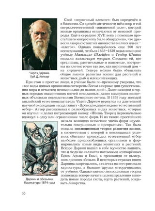 30
Свой «первичный элемент» был определён и
в биологии. Со времён античности шёл спор о той
сверхъестественной «жизненной силе», которой
живые организмы отличаются от неживой при-
роды. Ещё в середине XVII века с помощью про-
стейшего микроскопа было обнаружено, что дре-
веснаякорасостоитизмножествамелкихячеек–
«клеток». Однако понадобилось еще 200 лет
исследований, чтобы в 1838–1839 годах немецкие
учёные Маттиас Шлейден и Теодор Шванн
создали клеточную теорию. Согласно ей, все
организмы, растительные и животные, построе-
ны из клеток точно так же, как кирпичный дом –
из кирпичей. Теперь можно было объяснить
общие законы развития жизни для растений и
животных, рыб и млекопитающих.
При этом и простые люди, и учёные были по-прежнему уверены, что
«все виды живых организмов сотворены Богом в первые дни существова-
ния мира и остаются неизменными до наших дней». Даже находки в гор-
ных породах окаменевших костей невиданных, давно вымерших живот-
ных объясняли последствиями Всемирного потопа. В 1859 году молодой
английский естествоиспытатель Чарлз Дарвин вернулся из длительной
научнойэкспедицииииздалкнигу«Происхождениевидовиестественный
отбор». Автор рассказывал о разнообразных видах животных, которые
он изучил, и делал потрясающий вывод: «Жизнь Творец первоначально
вдохнул в одну или ограниченное число форм. И из такого простейшего
начала возникло несметное число форм изуми-
тельно совершенных и прекрасных». Так была
создана эволюционная теория развития жизни,
в соответствии с которой в меняющихся усло-
виях обитания происходил естественный отбор
наиболее приспособленных организмов и фор-
мировались новые виды животных и растений.
Вскоре Дарвин нашёл в себе мужество заявить,
что и люди не являются потомками «сотворённых
Богом Адама и Евы», а произошли от вымер-
ших древних обезьян. В некоторых странах книги
Дарвина запрещались, в газетах на него рисовали
карикатуры, а бывшие друзья отворачивались
от учёного. Однако именно эволюционная теория
позволила вскоре начать целенаправленно выво-
дить новые породы скота, сорта растений, созда-
вать лекарства.
Дарвин и обезьяна.
Карикатура 1874 года
Чарлз Дарвин.
Худ. Д. Кольер
 