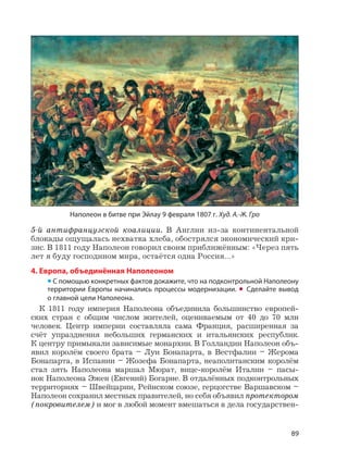 89
5-й антифранцузской коалиции. В Англии из-за континентальной
блокады ощущалась нехватка хлеба, обострялся экономический кри-
зис. В 1811 году Наполеон говорил своим приближённым: «Через пять
лет я буду господином мира, остаётся одна Россия…»
4. Европа, объединённая Наполеоном
• С помощью конкретных фактов докажите, что на подконтрольной Наполеону
территории Европы начинались процессы модернизации. • Сделайте вывод
о главной цели Наполеона.
К 1811 году империя Наполеона объединила большинство европей-
ских стран с общим числом жителей, оцениваемым от 40 до 70 млн
человек. Центр империи составляла сама Франция, расширенная за
счёт упразднения небольших германских и итальянских республик.
К центру примыкали зависимые монархии. В Голландии Наполеон объ-
явил королём своего брата – Луи Бонапарта, в Вестфалии – Жерома
Бонапарта, в Испании – Жозефа Бонапарта, неаполитанским королём
стал зять Наполеона маршал Мюрат, вице-королём Италии – пасы-
нок Наполеона Эжен (Евгений) Богарне. В отдалённых подконтрольных
территориях – Швейцарии, Рейнском союзе, герцогстве Варшавском –
Наполеон сохранил местных правителей, но себя объявил протектором
(покровителем) и мог в любой момент вмешаться в дела государствен-
Наполеон в битве при Эйлау 9 февраля 1807 г. Худ. А.-Ж. Гро
 