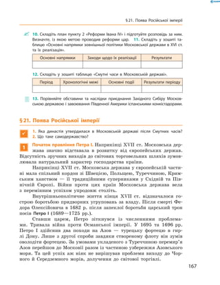 10. Складіть план пункту 2 «Реформи Івана IV» і підготуйте розповідь за ним.
Визначте, із якою метою проводив реформи цар.  11. Складіть у зошиті та-
блицю «Основні напрямки зовнішньої політики Московської держави в XVI ст.
та їх реалізація».
Основні напрямки Заходи щодо їх реалізації Результати
	
12. Складіть у зошиті таблицю «Смутні часи в Московській державі».
Період Хронологічні межі Основні події Результати періоду
 13. Порівняйте обставини та наслідки приєднання Західного Сибіру Москов-
ською державою і завоювання Південної Америки іспанськими конкіста­дорами.
§ 21. Поява Російської імперії

1.  Яка династія утвердилася в Московській державі після Смутних часів? 
2.  Що таке самодержавство?
1
Початок правління Петра І. Наприкінці XVII  ст. Московська дер-
жава значно відставала в  розвитку від європейських держав.
Відсутність зручних виходів до світових торговельних шляхів зумов-
лювала натуральний характер господарства країни.
Наприкінці XVII  ст. Московська держава у європейській части-
ні мала спільний кордон зі Швецією, Польщею, Туреччиною, Крим-
ським ханством  — її традиційними суперниками у  Східній та  Пів-
нічній Європі. Війни проти цих країн Московська держава вела
з  перемінним успіхом упродовж століть.
Внутрішньополітичне життя кінця XVII  ст. відзначалося го-
строю боротьбою придворних угруповань за  владу. Після смерті Фе-
дора Олексійовича в  1682  р. після запеклої боротьби царський трон
посів Петро І (1689—1725  рр.).
Ставши царем, Петро зіткнувся із  численними проблема-
ми. Тривала війна проти Османської імперії. У  1695 та  1696  рр.
­Петро  І здійснив два походи на  Азов  — турецьку фортецю в  гир-
лі Дону. Лише з  другої спроби завдяки створеному флоту він зумів
оволодіти фортецею. За умовами укладеного з Туреччиною перемир’я
Азов перейшов до Московії разом із частиною узбережжя Азовського
моря. Та  цей успіх аж ніяк не  вирішував проблеми виходу до  Чор-
ного й  Середземного морів, долучення до  світової торгівлі.
167
§ 21. Поява Російської імперії
 