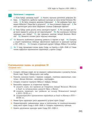 ?
Запитання і завдання
~~
1. Коли Бабур завоював Індію?  2. Назвіть причини релігійної реформи Ак-
бара.  3. Перелічіть здобутки індійської культури за часів імперії Великих Мо-
голів.  4. Як була утворена держава Сефевидів?  5. Які реформи були про-
ведені Аббасом І? Яким був їх результат?  6. Чим уславився Надір-хан?  7. Які
нові архітектурні риси мала збудована столиця Сефевидів Ісфахан?
** 8. Чому Бабур зумів досить легко оволодіти Індією?  9. Які наслідки для Ін-
дії мало відкриття шляху до неї європейцями?  10. Яку внутрішню політику
проводив шах Акбар?  11. Що зумовило занепад імперії Великих Мого-
лів?  12. Визначте основні риси перської мініатюри.
 13. Визначте особливості розвитку ремесла й торгівлі в Індії.  14. Складіть
у зошиті порівняльну таблицю «Досягнення індійської та іранської культур
у XVI—XVII ст.».  15. Складіть історичний портрет Акбара, Аббаса І (на вибір).
 16. У чому проявлявся вплив країн Сходу на Європу в XVII—XVIII ст.? Яким
чином відбулося проникнення європейців у країни Сходу? 
Узагальнення знань за розділом VI
«Східний світ»
1.	 Складіть таблицю подій, які ви вважаєте найважливішими в розвитку Китаю,
Японії, Індії, Персії. Обґрунтуйте свій вибір.
2.	 Поясніть значення понять і термінів: «самураї», «політика самоізоляції», «син-
тоїзм», «Великі Моголи», «мініатюра», «каліграфія».
3.	 Складіть історичні портрети Аббаса І, Бабура, Акбара.
4.	 Виконайте завдання за історичною картою:
1)	 укажіть події, які привели до  створення імперії Великих Моголів
в  Індії та  встановлення династії Цин у  Китаї;
2)	 укажіть території, що увійшли до  складу Османської імперії
в XVI—XVII  ст.;
3)	 охарактеризуйте проникнення європейців до Індії та Китаю в XVI—
XVIII  ст.
5.	 Якими були характерні риси державного устрою країн Сходу?
6.	 Охарактеризуйте найважливіші зміни в політичному та соціально-економіч-
ному житті країн Сходу в XVII—XVIII ст. Складіть порівняльну таблицю.
7.	 Назвіть досягнення культури країн Сходу XVI—XVIII ст.
і
245
§ 28. Індія та Персія в XVI—XVIIІ ст.
 