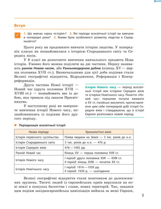 Вступ

1.  Що вивчає наука «історія»? 2. Які періоди всесвітньої історії ви вивчали
в попередні роки? 3. Якими були особливості розвитку людства в Серед-
ньовіччі?
Цього року ви продовжите вивчати історію людства. У поперед­
ніх класах ви познайомилися з  історією Стародавнього світу та  Се-
редніх віків.
У 8 класі ви розпочнете вивчення навчального предмета Нова
історія. Умовно його можна поділити на дві частини. Першу назива-
ють раннім Новим часом, або Ранньо­модерною добою (кінець ���������XV������� — пер-
ша половина XVII  ст.). Визначальними для цієї доби подіями стали
Великі географічні відкриття, Відродження, Реформація і  Контр­
реформація.
Друга частина ­Нової історії  —
Новий час (друга половина XVII  — 
XVIII������������������������������  ст.)  — познайомить вас із  до-
бою, яка тривала під знаком Просвіт­
ництва.
У наступному році ви заверши-
те вивчення історії Нового часу, по-
знайомившись із  подіями його дру-
гого періоду.
„„ Періодизація всесвітньої історії
Назва періоду Хронологічні межі
Історія первісного суспільства Поява людини на Землі — 3 тис. років до н. е.
Історія Стародавнього світу 3 тис. років до н. е. — 476 р.
Історія Середніх віків 476 — 1492  рр.
Ранній Новий час Кінець XV — перша половина XVII ст.
Історія Нового часу
I період: друга половина XVII — XVIII ст.
II період: кінець XVIII — початок XX ст.
Історія Новітнього часу
I період: 1914 — 1939  рр.
II період: 1939 р. — сьогодення
Великі географічні відкриття стали поштовхом до  далекосяж-
них зрушень. Тисячі людей із  європейських країн вирушили на  но-
ві землі в пошуках багатства і слави, нових територій. Так, завдяки
цим подіям західноєвропейська цивілізація вийшла за межі Європи,
Історія Нового часу — період всесвіт-
ньої історії між історією Середніх віків
та історією Новітнього часу. Поняття «Но-
вий час» першими почали вживати
в XV ст. італійські мислителі, протиставля-
ючи цим себе попередній добі історії Се-
редніх віків і стверджуючи, що в історії
Європи розпочався новий період.
5
 