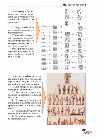 П р актичне заняття 1
На малюнку зображе­
но систему чисел цивілі­
зації майя. Ознайомтеся
з нею й дайте відповіді на
запитання.
1. Чи зручною була ця
система для щоденного
користування?
2. Чому майя викорис­
товували для лічби профі­
лі людей? Чи не пов’язано
це з проведенням якихось
магічних ритуалів?
З.Чи вірите ви в кален­
дар майя як у пророцтво
щодо майбутнього земної
цивілізації?
На малюнку зображено пред-
ставників різних суспільних
верств майя. Роздивіться малю­
нок ідайте відповіді на запитання.
1. Які категорії населення
відтворено на малюнку?
2. Хто, на вашу думку, зна­
ходиться на вершині суспільної
піраміди?
3. Чи можна встановити за
зовнішнім виглядом рядових і
привілейованих членів суспіль­
ства?
4. Чим, на вашу думку, за­
ймалися представники знаті?
5. Чим, як ви вважаєте, зай­
мався простолюд?
39
 