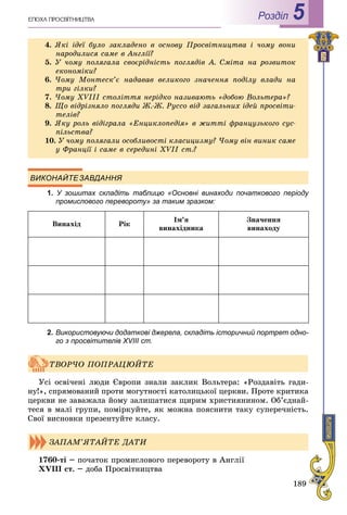 189
Роздiл 5
ВИКОНАЙТЕЗАВДАННЯ
1. У зошитах складіть таблицю «Основні винаходи початкового періоду
промислового перевороту» за таким зразком:
Âèíàõіä Ðіê
Іì’ÿ
âèíàõіäíèêà
Çíà÷åííÿ
âèíàõîäó
2. Використовуючи додаткові джерела, складіть історичний портрет одно-
го з просвітителів ХVIII ст.
Óñі îñâі÷åíі ëþäè Єâðîïè çíàëè çàêëèê Âîëüòåðà: «Ðîçäàâіòü ãàäè-
íó!», ñïðÿìîâàíèé ïðîòè ìîãóòíîñòі êàòîëèöüêîї öåðêâè. Ïðîòå êðèòèêà
öåðêâè íå çàâàæàëà éîìó çàëèøàòèñÿ ùèðèì õðèñòèÿíèíîì. Îá’єäíàé-
òåñÿ â ìàëі ãðóïè, ïîìіðêóéòå, ÿê ìîæíà ïîÿñíèòè òàêó ñóïåðå÷íіñòü.
Ñâîї âèñíîâêè ïðåçåíòóéòå êëàñó.
1760-òі – ïî÷àòîê ïðîìèñëîâîãî ïåðåâîðîòó â Àíãëії
XVIII ñò. – äîáà Ïðîñâіòíèöòâà
4. ßêі іäåї áóëî çàêëàäåíî â îñíîâó Ïðîñâіòíèöòâà і ÷îìó âîíè
íàðîäèëèñÿ ñàìå â Àíãëії?
5. Ó ÷îìó ïîëÿãàëà ñâîєðіäíіñòü ïîãëÿäіâ À. Ñìіòà íà ðîçâèòîê
åêîíîìіêè?
6. ×îìó Ìîíòåñê’є íàäàâàâ âåëèêîãî çíà÷åííÿ ïîäіëó âëàäè íà
òðè ãіëêè?
7. ×îìó XVIII ñòîëіòòÿ íåðіäêî íàçèâàþòü «äîáîþ Âîëüòåðà»?
8. Ùî âіäðіçíÿëî ïîãëÿäè Æ.-Æ. Ðóññî âіä çàãàëüíèõ іäåé ïðîñâіòè-
òåëіâ?
9. ßêó ðîëü âіäіãðàëà «Åíöèêëîïåäіÿ» â æèòòі ôðàíöóçüêîãî ñóñ-
ïіëüñòâà?
10. Ó ÷îìó ïîëÿãàëè îñîáëèâîñòі êëàñèöèçìó? ×îìó âіí âèíèê ñàìå
ó Ôðàíöії і ñàìå â ñåðåäèíі XVII ñò.?
ÒÂÎÐ×Î ÏÎÏÐÀÖÞÉÒÅ
ÇÀÏÀÌ’ßÒÀÉÒÅ ÄÀÒÈ
 