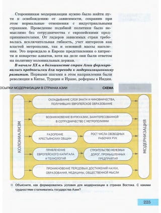 Сторонникам модернизации нужно было найти пу­
ти к освобождению от зависимости, сохранив при
этом нормальные отношения с индустриальными
странами. Проведение подобной политики было не­
мыслимо без сотрудничества с европейскими пред­
принимателями. От лидеров зависимых стран требо­
валась исключительная гибкость, учет интересов как
властей метрополии, так и основной массы населе­
ния. Это порождало в Европе представления о хитрос­
ти и коварстве азиатов, хотя на деле они были ответом
на политику колониальных держав.
В начале XX в. в большинстве стран Азии формиро­
вались предпосылки для перехода к модернизационному
развитию. Первыми шагами в этом направлении были
революции в Китае, Турции и Иране, реформы в Индии.
ОСЫЛКИ МОДЕРНИЗАЦИИ В СТРАНАХ АЗИИ СХЕМА
Объясните, как формировались условия для модернизации в странах Востока. С какими
трудностями сталкивались государства Азии?
 