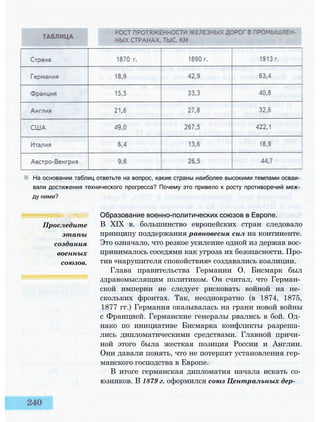 На основании таблиц ответьте на вопрос, какие страны наиболее высокими темпами осваи­
вали достижения технического прогресса? Почему это привело к росту противоречий меж­
ду ними?
ВВ^ВВ^ЯЯЯЯВВ
Проследите
этапы
создания
военных
союзов.
Образование военно-политических союзов в Европе.
В XIX в. большинство европейских стран следовало
принципу поддержания равновесия сил на континенте.
Это означало, что резкое усиление одной из держав вос­
принималось соседями как угроза их безопасности. Про­
тив «нарушителя спокойствия» создавались коалиции.
Глава правительства Германии О. Бисмарк был
здравомыслящим политиком. Он считал, что Герман­
ской империи не следует рисковать войной на не­
скольких фронтах. Так, неоднократно (в 1874, 1875,
1877 гг.) Германия оказывалась на грани новой войны
с Францией. Германские генералы рвались в бой. Од­
нако по инициативе Бисмарка конфликты разреша­
лись дипломатическими средствами. Главной причи­
ной этого была жесткая позиция России и Англии.
Они давали понять, что не потерпят установления гер­
манского господства в Европе.
В итоге германская дипломатия начала искать со­
юзников. В 1879 г. оформился союз Центральных дер-
 