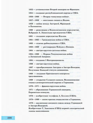 1852 — установление Второй империи во Франции.
1854 — создание республиканской партии в США.
1856—1860 — Вторая «опиумная война».
1857—1859 — восстание сипаев в Индии.
1859 — война между Австрией, Францией
и Пьемонтом.
1860 — революция в Неаполитанском королевстве.
Избрание А. Линкольна президентом США.
1861 — создание королевства Италия.
1861—1865 — Гражданская война в США.
1863 — отмена рабовладения в США.
1863—1869 — реставрация Мэйдзи в Японии.
1864 — австро-прусско-датская война.
1864—1866 — Первая Тихоокеанская война
в Латинской Америке.
1864 — создание I Интернационала.
1866 — австро-прусская война.
1867 — преобразование Австрии в Австро-Венгрию.
Получение Канадой статуса доминиона.
1868 — создание Британского конгресса
тред-юнионов.
1869 — открытие Суэцкого канала. Возникновение
социал-демократической партии в Германии.
1870—1871 — франко-прусская война.
1871 — образование Германской империи.
Парижская коммуна.
1876 — изобретение телефона А. Беллом (США).
1878—1890 — закон против социалистов в Германии.
1879 — заключение военного союза между Германией
и Австро-Венгрией.
Изобретение Т. Эдисоном (США) первой электрической
лампы накаливания.
 
