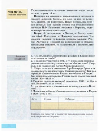 1830-1831 гг. -
Польское восстание
Укомплектованные поляками воинские части пере­
шли на сторону сейма.
Несмотря на симпатии, выражавшиеся полякам в
странах Западной Европы, ни одна из них не реши­
лась оказать им поддержку. После нескольких меся­
цев упорных боев русские войска под командованием
генерала И.Ф. Паскевича вступили в Варшаву, пода­
вив сопротивление повстанцев.
Вопрос об интервенции в Западную Европу отпал
сам собой. Революция во Франции завершилась. Что
касается Бельгии, то великие державы (Англия, Рос­
сия, Австрия и Пруссия) на конференции в Лондоне
согласились признать ее независимым и нейтральным
государством.
1. Чем объяснялось наступление реакции в Европе после
наполеоновских войн?
2. В каких государствах в 1820-е гг. произошли массовые
революционные выступления против абсолютизма? Какую
роль в их подавлении сыграл Священный союз?
3. Какую позицию в отношении борьбы народа Греции за
независимость заняли страны Священного союза? Как реа­
гировала общественность Европы на события в Греции?
Как изменилось положение Греции после русско-турецкой
войны 1828—1829 гг.?
4. Укажите причины июльской революции 1830 г. во Фран­
ции. Каковы были ее итоги?
5. Чем закончились революционные выступления в Бель­
гии?
6. Заполните таблицу «Революционные движения в Европе
в 1820—1830-е гг.».
 