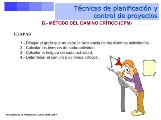 Dirección de la Producción. Curso 2006-2007
Técnicas de planificación y
control de proyectos
B.- MÉTODO DEL CAMINO CRÍTICO (CPM)
1.- Dibujar el grafo que muestre la secuencia de las distintas actividades.
2.- Calcular los tiempos de cada actividad.
3.- Calcular la holgura de cada actividad.
4.- Determinar el camino o caminos críticos.
ETAPAS
Método del camino crítico (CPM)
 