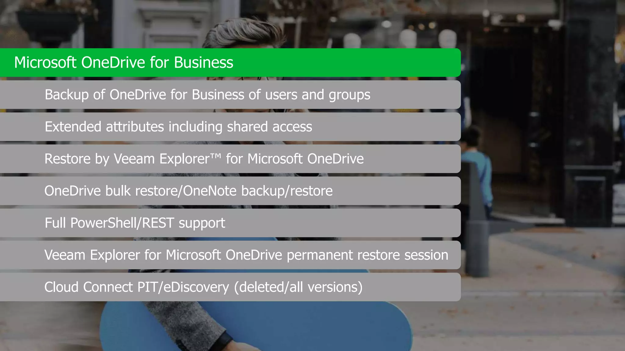 Microsoft OneDrive for Business
Backup of OneDrive for Business of users and groups
Extended attributes including shared access
Restore by Veeam Explorer™ for Microsoft OneDrive
OneDrive bulk restore/OneNote backup/restore
Full PowerShell/REST support
Veeam Explorer for Microsoft OneDrive permanent restore session
Cloud Connect PIT/eDiscovery (deleted/all versions)
 