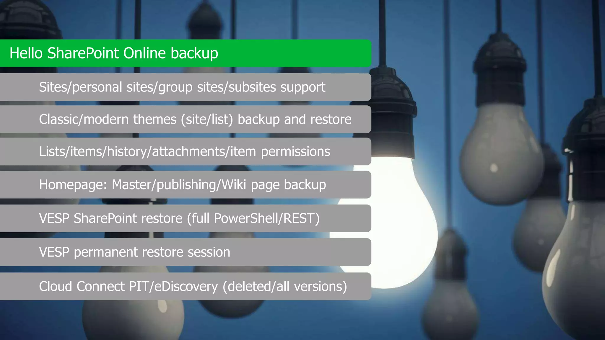Lists/items/history/attachments/item permissions
VESP SharePoint restore (full PowerShell/REST)
VESP permanent restore session
Sites/personal sites/group sites/subsites support
Hello SharePoint Online backup
Homepage: Master/publishing/Wiki page backup
Cloud Connect PIT/eDiscovery (deleted/all versions)
Classic/modern themes (site/list) backup and restore
 