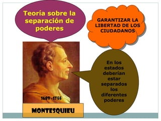 Teoría sobre la
separación de
poderes
GARANTIZAR LA
LIBERTAD DE LOS
CIUDADANOS
montesquieu
1689 -1755
En los
estados
deberían
estar
separados
los
diferentes
poderes
 