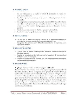 “Todo es veneno, Nada es veneno, Todo depende de la dosis” (PARACELSO) Página 6
 OBSERVACIONES
- En esta práctica ya no se empleó el método de destilación. Se realizó otro
método con baño maría.
- Se observa que el toxico causo en las vísceras del cobayo una acción tipo
escaldadas.
- En esta práctica no se observa claramente la presencia del toxico en las vísceras
del cobayo por la coloración que toman las reacciones en el momento de las
reacciones de diferenciación biológicas, ya que solo en 2 reacciones dieron
positivas
- Se observa que los síntomas en el cobayo aparecen de forma lenta.
- Se observó que el tiempo de muerte del cobayo fue de 47 minutos
 CONCLUSIONES
- Se concluye la práctica llegando al objetivo de la práctica reconociendo la
presencia del mercurio como toxico letal en un organismo vivo.
- Se agudiza las destrezas dentro del análisis de un toxico en organismos vivos
mediante la práctica.
 RECOMENDACIONES
- Aplicar todas las normas de bioseguridad dentro del laboratorio en especial
durante la práctica.
- Realizar el procedimiento del baño maría y las reacciones de reconocimiento
biológico dentro de la campana.
- Emplear el equipo y material adecuado para cada reactivo y sustancia a emplear
así evitamos contaminaciones.
 CUESTIONARIO
1.- ¿De qué forma es empleado el Mercurio para la Mineria?
La contaminación con mercurio en las zonas tropicales particularmente en Brasil,
Colombia, Ecuador y Bolivia es originada en los procesos de beneficio del oro, el
cual es extraído mezclando la roca triturada enriquecida con el metal precioso con
mercurio metálico para formar una amalgama, la cual es presionada con la mano
para remover el exceso de mercurio. Este proceso ocasiona el derramamiento
directo de grandes cantidades del metal en los ríos y en cuerpos de agua como
ciénagas y lagunas. La amalgama mercurio-oro obtenida es quemada usualmente a
campo abierto dejando libre el oro y liberando el tóxico metálico en forma de vapor
directamente a la atmósfera.
 
