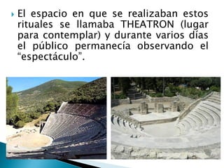  El espacio en que se realizaban estos
rituales se llamaba THEATRON (lugar
para contemplar) y durante varios días
el público permanecía observando el
“espectáculo”.
 
