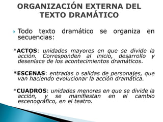  Todo texto dramático se organiza en
secuencias:
*ACTOS: unidades mayores en que se divide la
acción. Corresponden al inicio, desarrollo y
desenlace de los acontecimientos dramáticos.
*ESCENAS: entradas o salidas de personajes, que
van haciendo evolucionar la acción dramática.
*CUADROS: unidades menores en que se divide la
acción, y se manifiestan en el cambio
escenográfico, en el teatro.
 