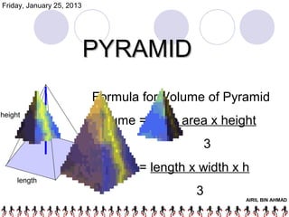 Friday, January 25, 2013




                           PYRAMID
                           Formula for Volume of Pyramid
height
                           Volume = base area x height
                                                3
                   width
                           Volume = length x width x h
     length
                                            3
                                                     AIRIL BIN AHMAD
 