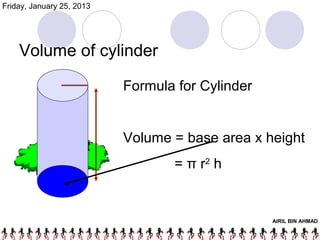 Friday, January 25, 2013




    Volume of cylinder

                           Formula for Cylinder


                           Volume = base area x height
                                  = π r2 h


                                                  AIRIL BIN AHMAD
 