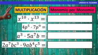 UNIDAD IV: ÁLGEBRA
MULTIPLICACIÓN Monomio por Monomio
 